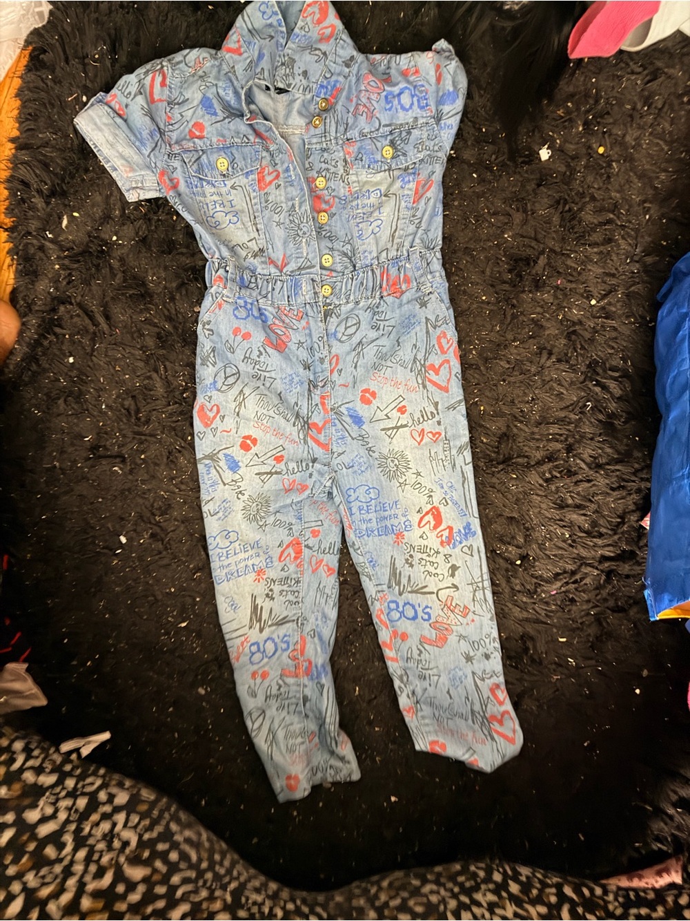 Denim Graphic Button-Front Jumpsuit with Red & Blue Doodles